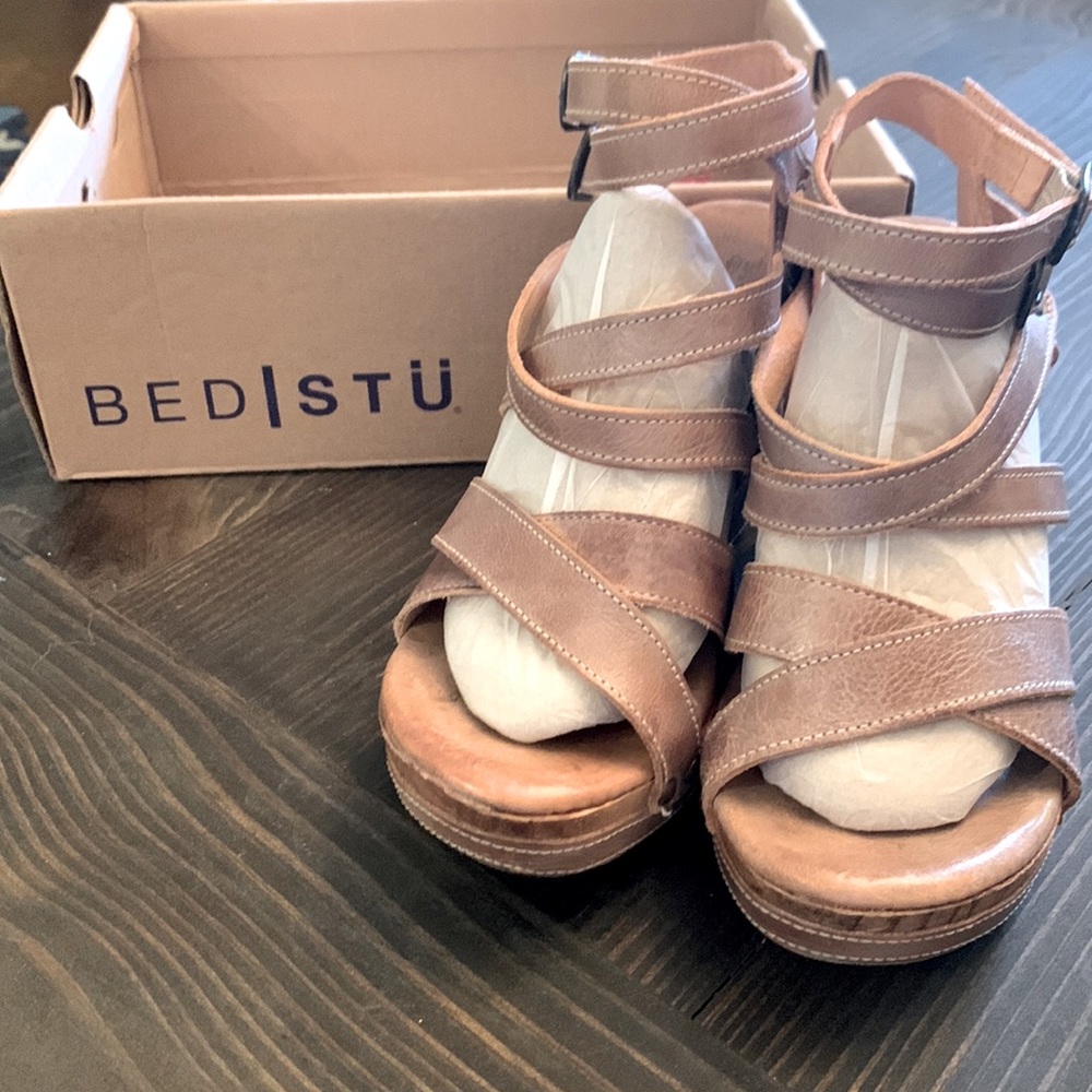 Size 7 Bed Stu wooden heeled straps wedges.